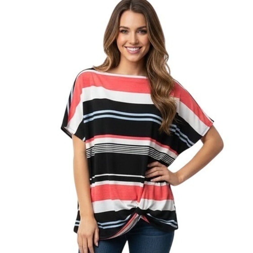MTS Multicolor Striped Knot Front Short Sleeve Blouse Tunic‎ Stretch Knit Size M